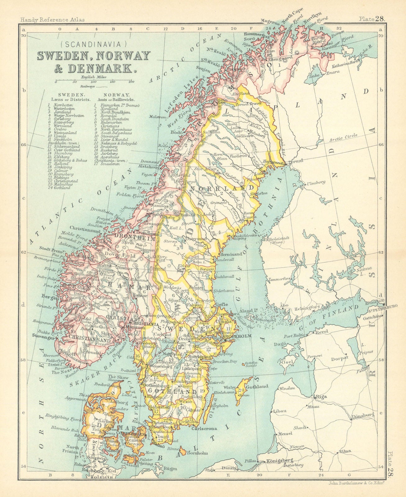 Sweden, Norway, & Denmark. Scandinavia. BARTHOLOMEW 1909 old antique map chart